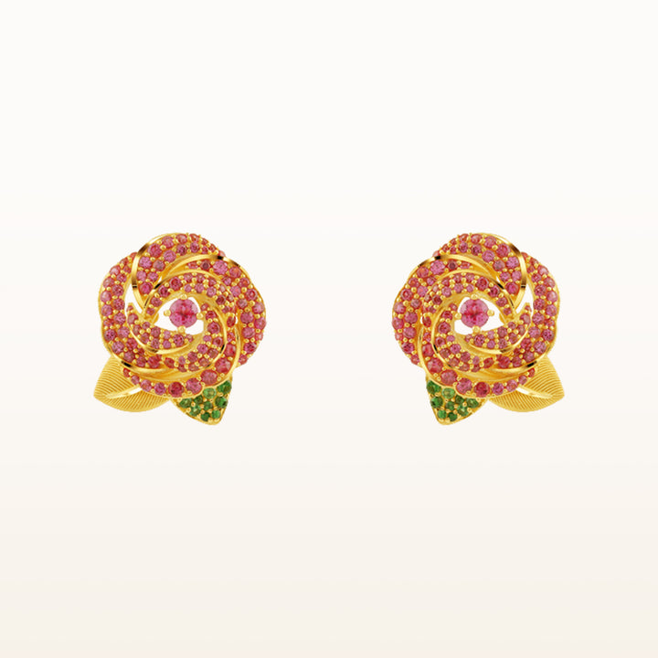 24K Pure Gold with Gemstone Earrings : Rose Design