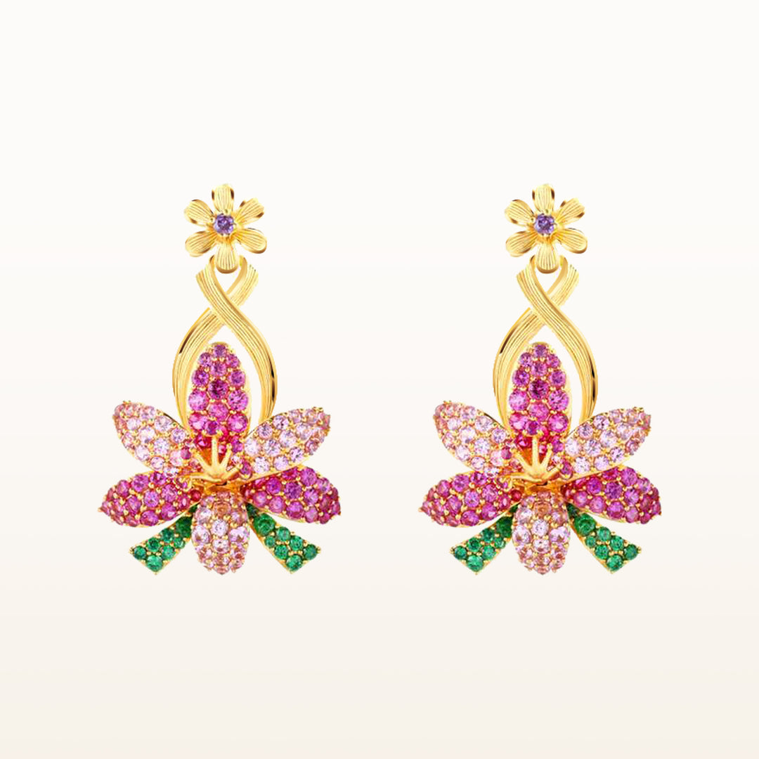 24K Pure Gold with Gemstone Earrings : Orchid Design