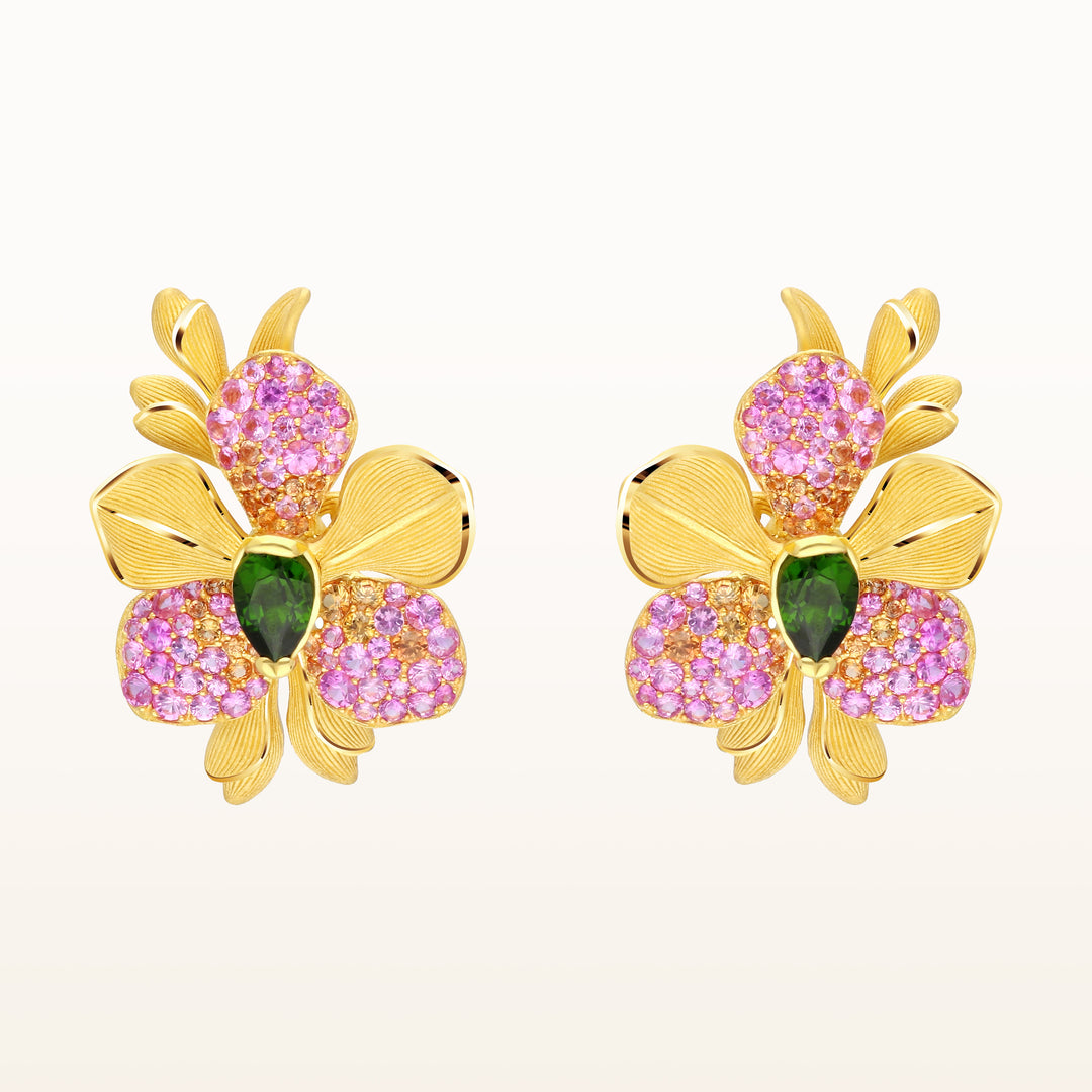 24K Pure Gold with Gemstone Stud Earrings : Vanda Orchid Design