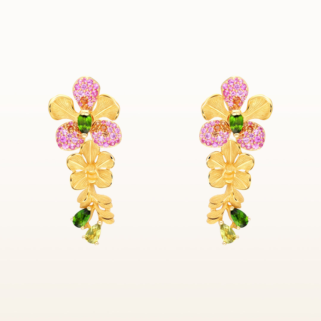 24K Pure Gold with Gemstone Drop Earrings : Vanda Orchid Design