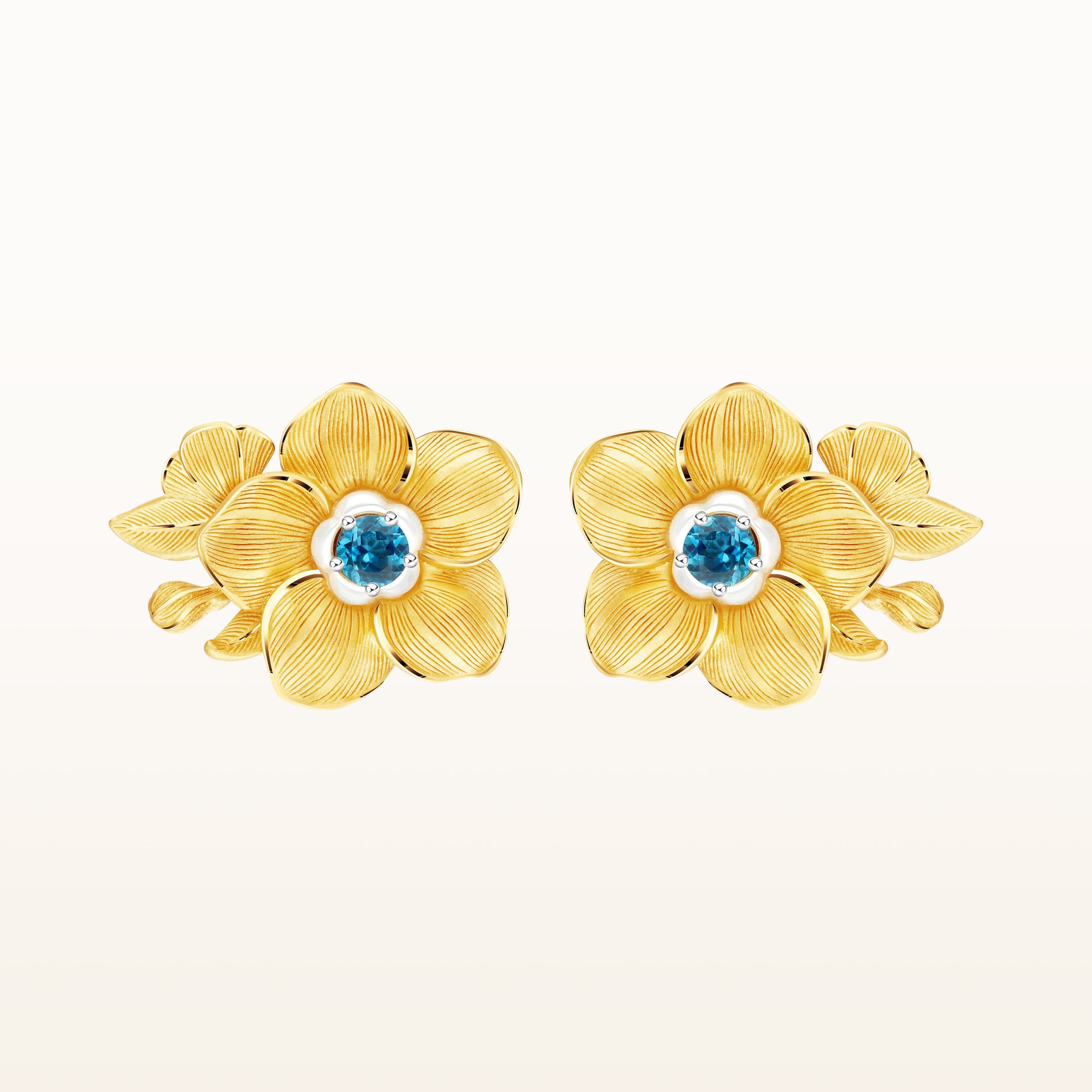 24K Pure Gold with Gemstone Stud Earring Forget Me Not Flower