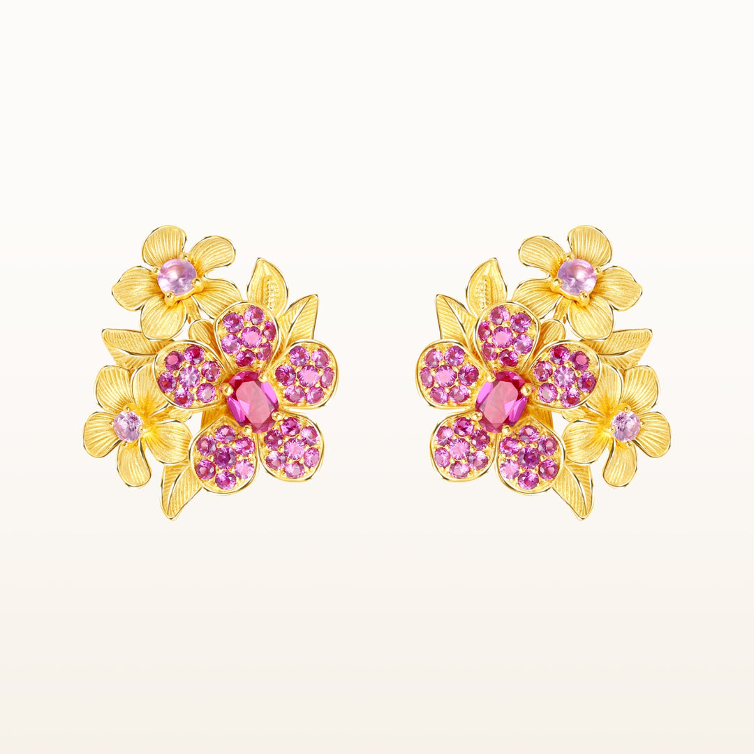 24K Pure Gold with Ruby Stud Earrings : Cherry Blossom Design