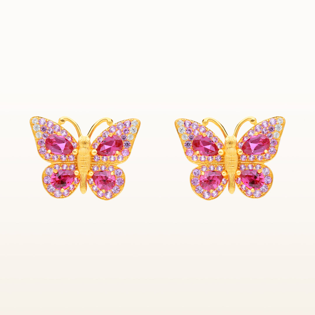 24K Pure Gold with Ruby Stud Earring : Flying Butterfly Design