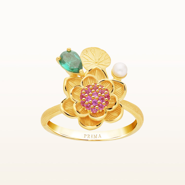 24K Pure Gold with Gemstone Ring : Lotus Design