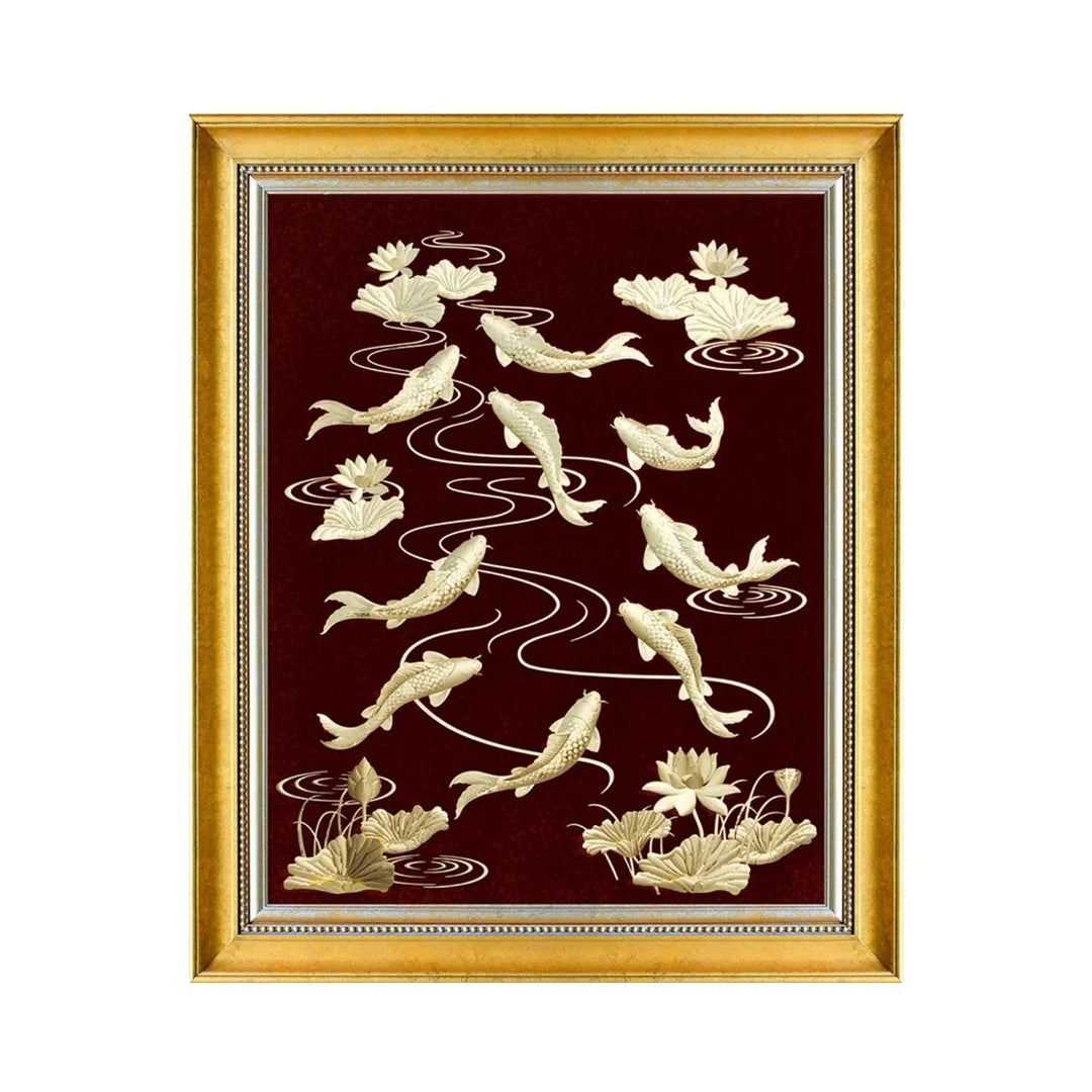 100 x 125 cm. Nine Koi Fish Gathering in Lotus Lake