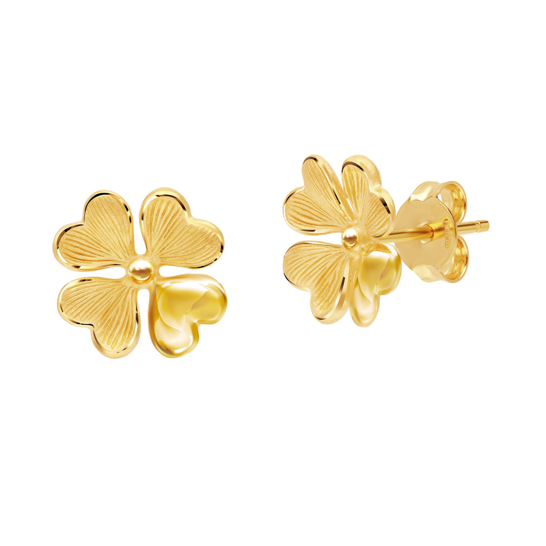24K Pure Gold Stud Earrings: Lucky Leaf Design