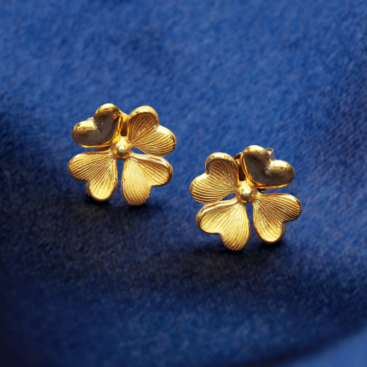 24K Pure Gold Stud Earrings: Lucky Leaf Design