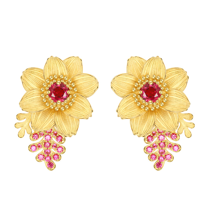 24K Pure Gold with Ruby Drop Earrings : Calendula Design