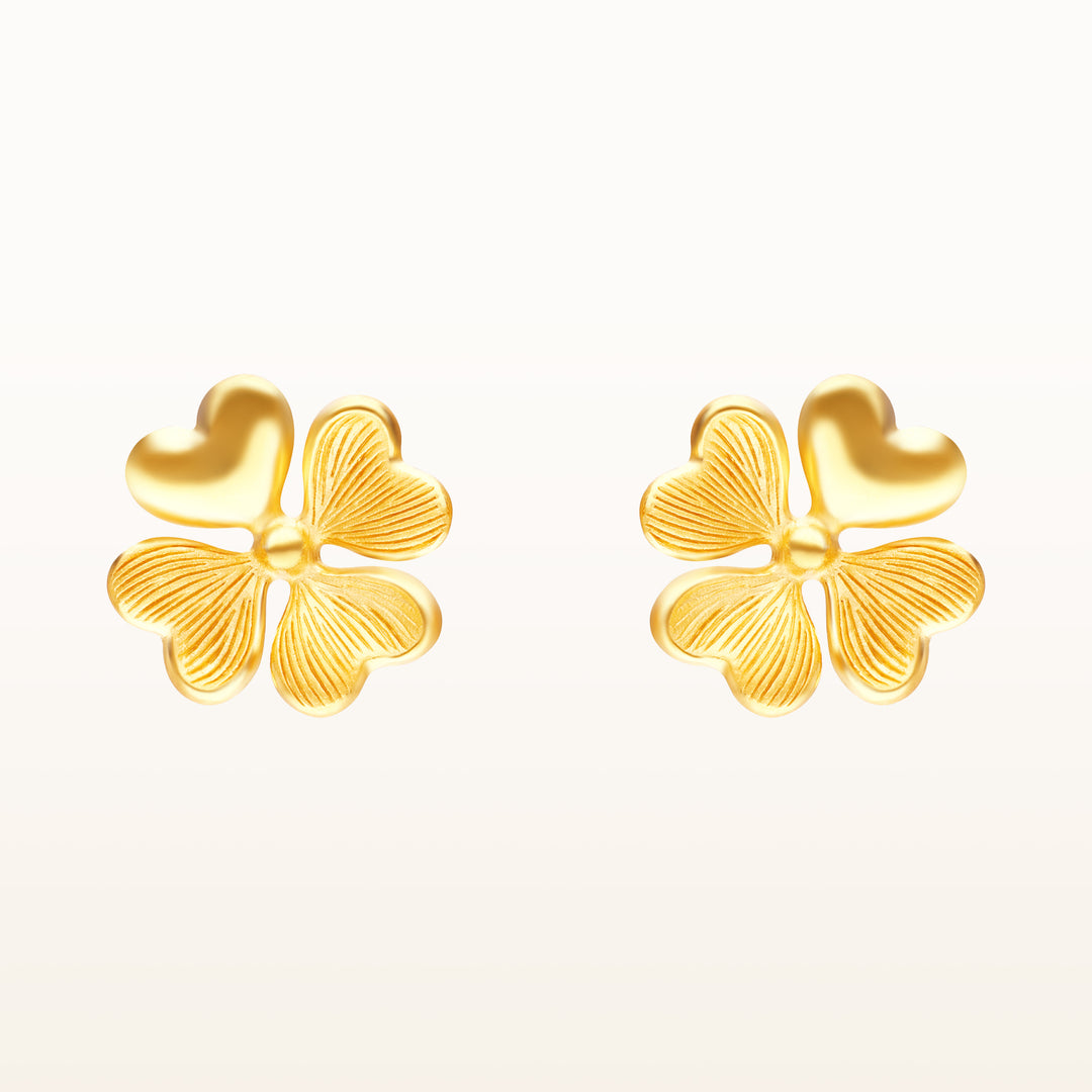 24K Pure Gold Stud Earrings: Lucky Leaf Design