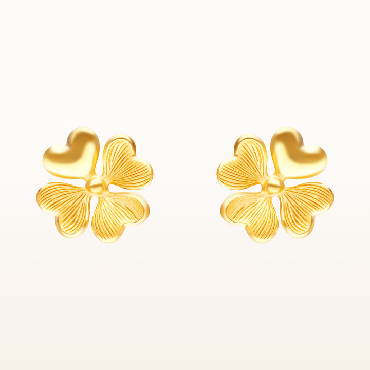 24K Pure Gold Stud Earrings: Lucky Leaf Design