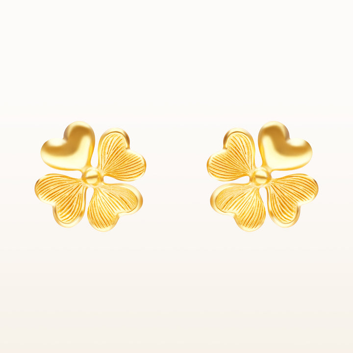 24K Pure Gold Stud Earrings: Lucky Leaf Design