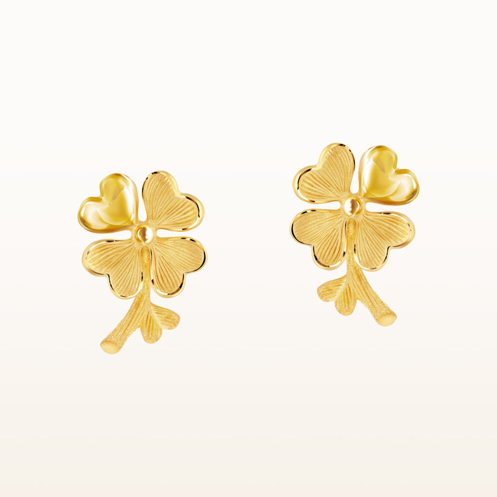 24K Pure Gold Stud Earrings: Lucky Leaf with Stick Design