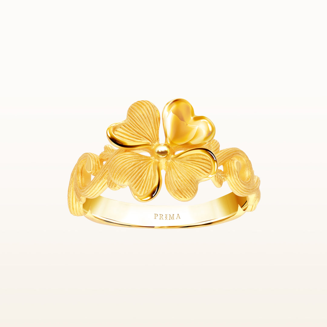 24K Pure Gold Ring: Single Lucky Leaf Design