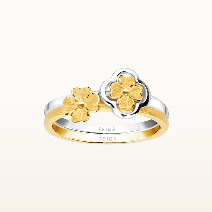 24K Pure Gold Two Tone Ring:  Lucky Leaf Design