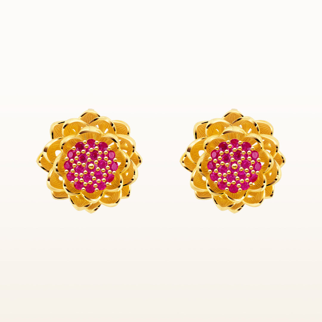 24K Pure Gold with Gemstone Earring : Lotus Design