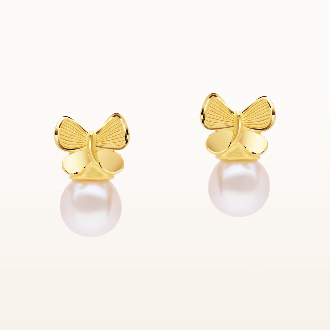 24K Pure Gold  with Pearl Stud Earrings: Papillon Collection