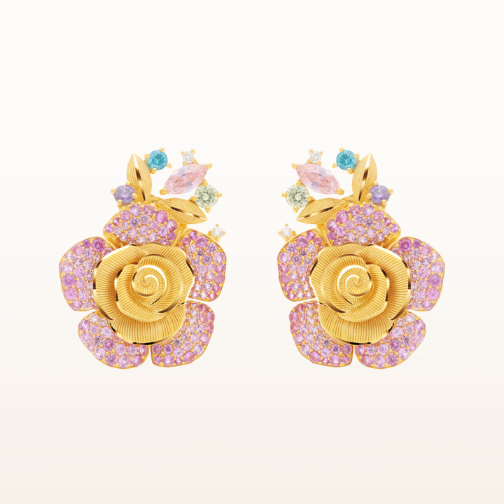 24K Pure Gold with Gemstone Earrings : Rose Design