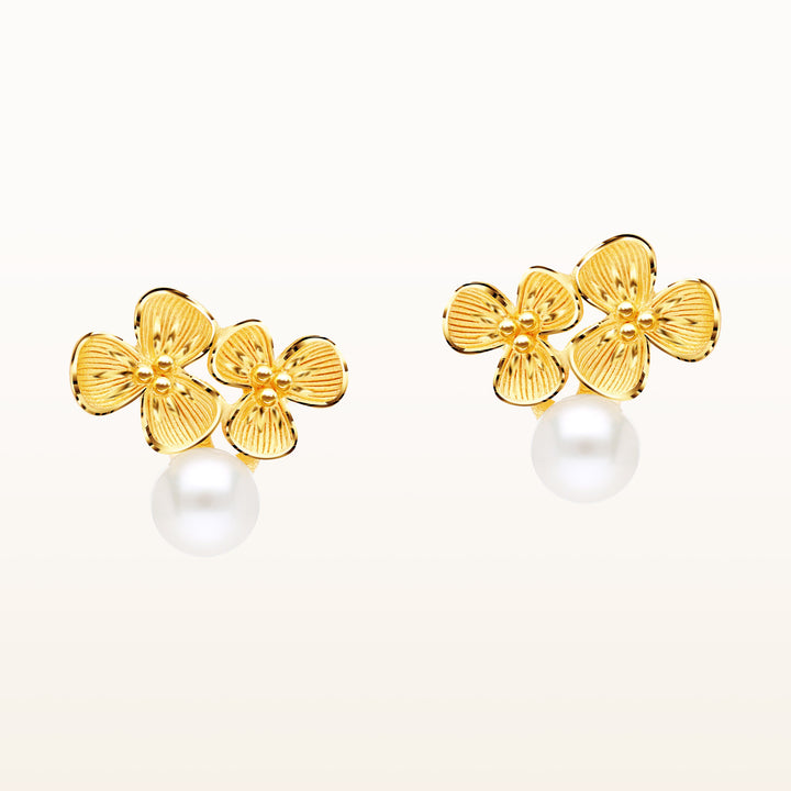 24K Pure Gold  with Pearl Stud Earrings:: Double Leaf Dewy  Collection