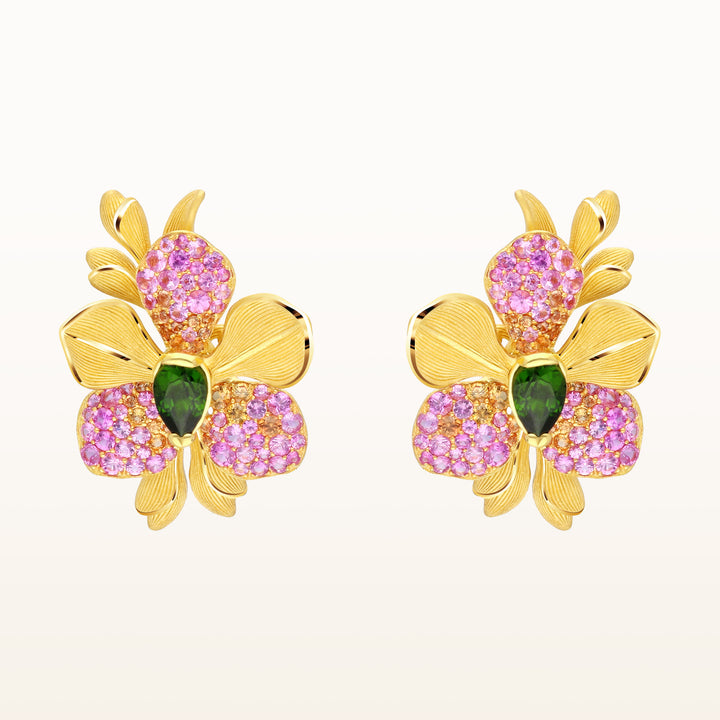 24K Pure Gold with Gemstone Stud Earrings : Vanda Orchid Design
