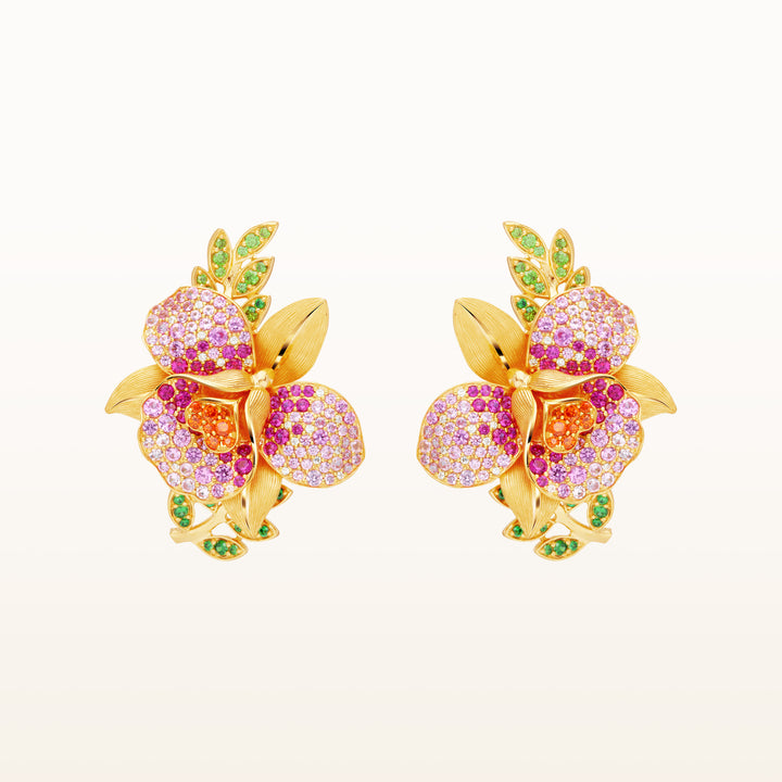 24K Pure Gold with Gemstone Stud Earrings : Cattleya Orchid Design
