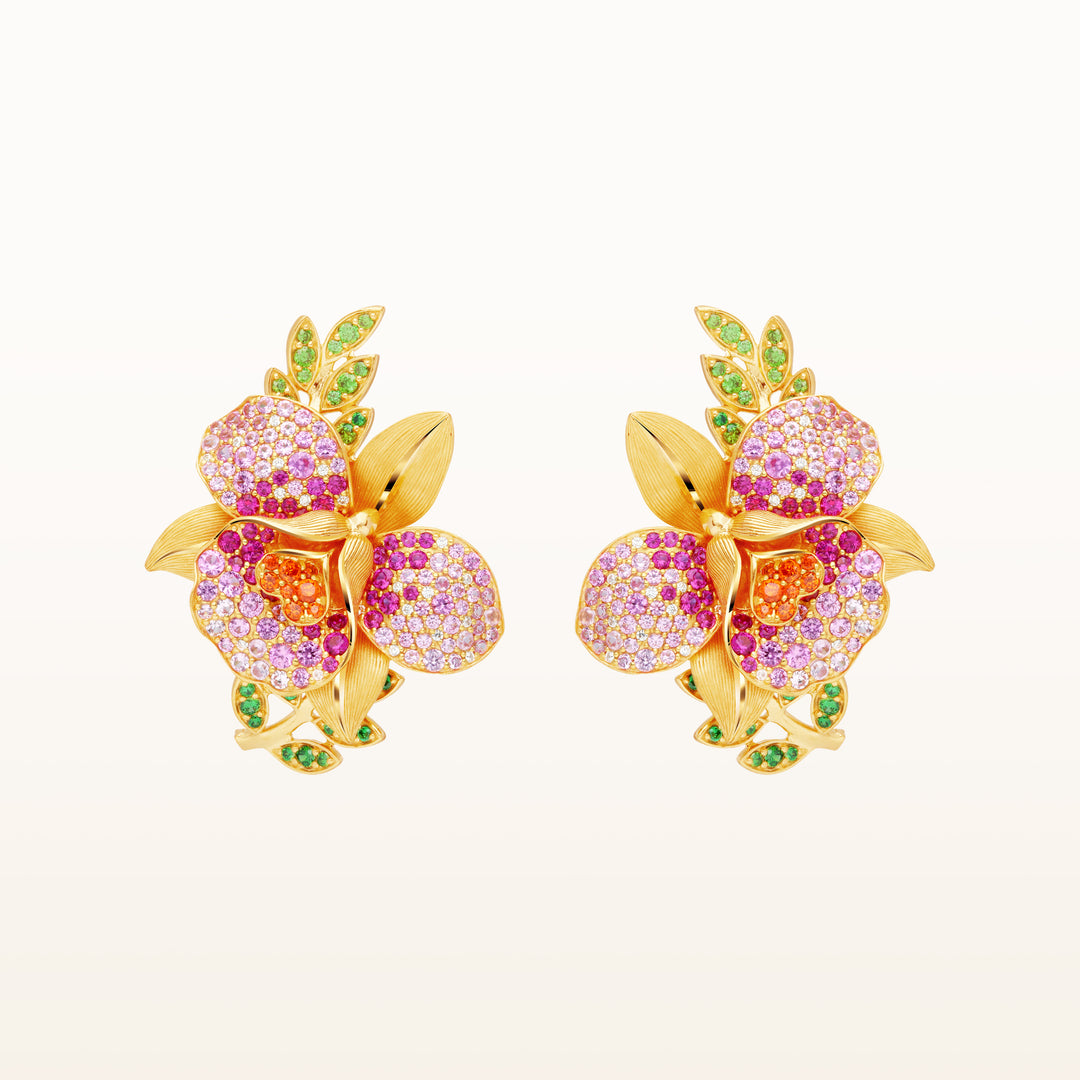 24K Pure Gold with Gemstone Stud Earrings : Cattleya Orchid Design