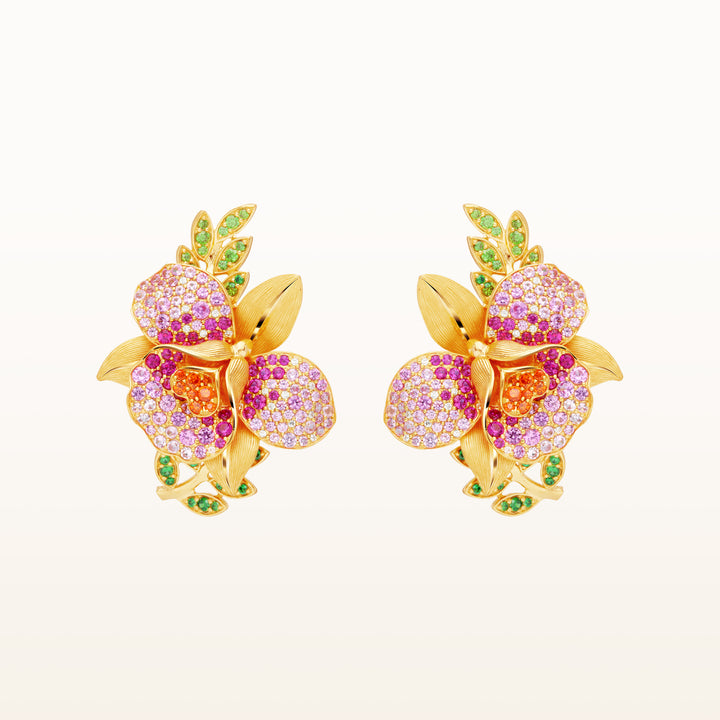 24K Pure Gold with Gemstone Stud Earrings : Cattleya Orchid Design