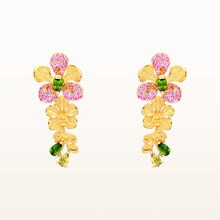 24K Pure Gold with Gemstone Drop Earrings : Vanda Orchid Design