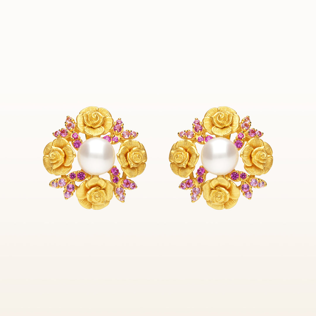 24K Pure Gold with Gemstone Earrings : Rose Design
