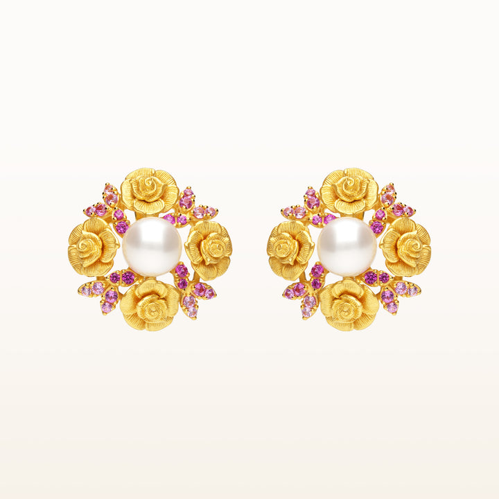24K Pure Gold with Gemstone Earrings : Rose Design