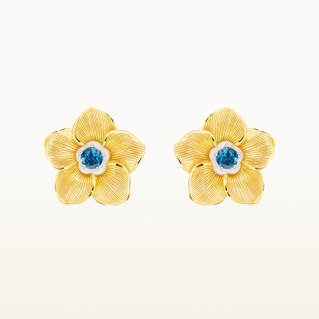 24K Pure Gold with Gemstone Stud Earring : Forget Me Not Flower Design