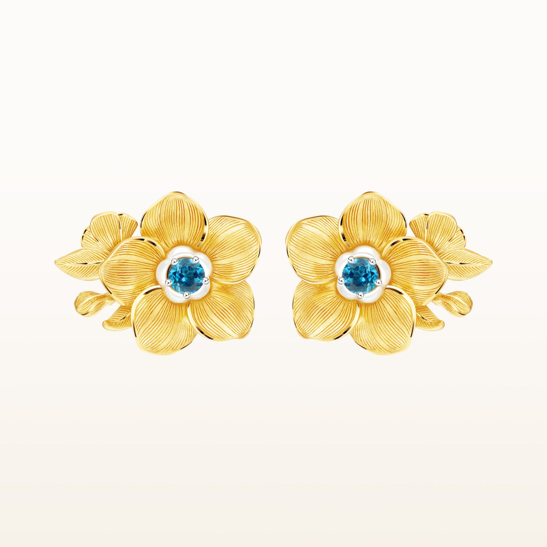 24K Pure Gold with Gemstone Stud Earring : Forget Me Not Flower Design