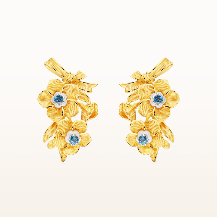 24K Pure Gold with Gemstone Stud Earring : Forget Me Not Flower Design