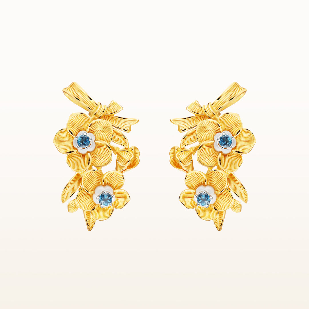 24K Pure Gold with Gemstone Stud Earring : Forget Me Not Flower Design