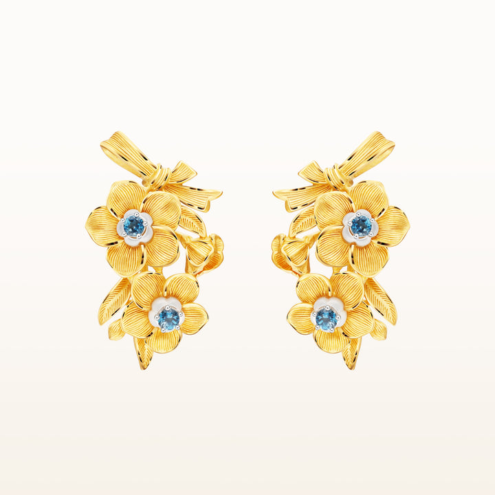 24K Pure Gold with Gemstone Stud Earring : Forget Me Not Flower Design
