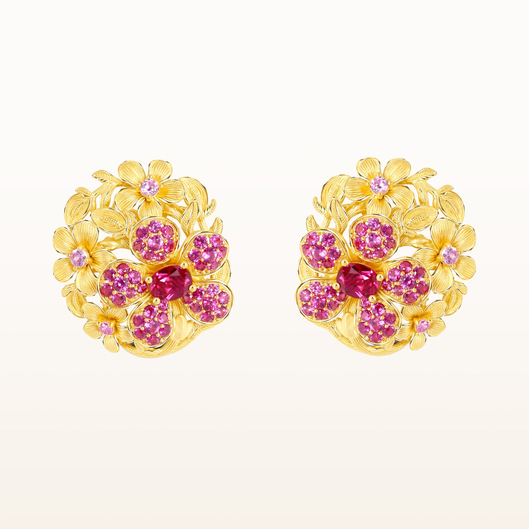 24K Pure Gold with Ruby Stud Earrings : Cherry Blossom Design