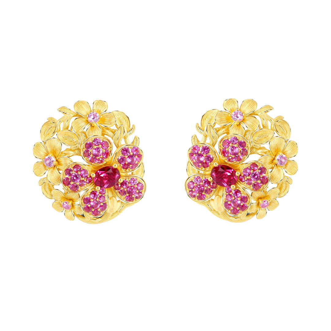 24K Pure Gold with Ruby Stud Earrings : Cherry Blossom Design