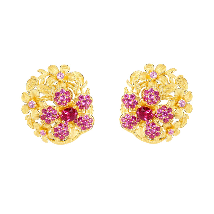24K Pure Gold with Ruby Stud Earrings : Cherry Blossom Design