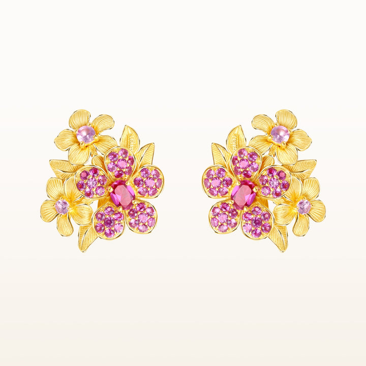 24K Pure Gold with Ruby Stud Earrings : Cherry Blossom Design