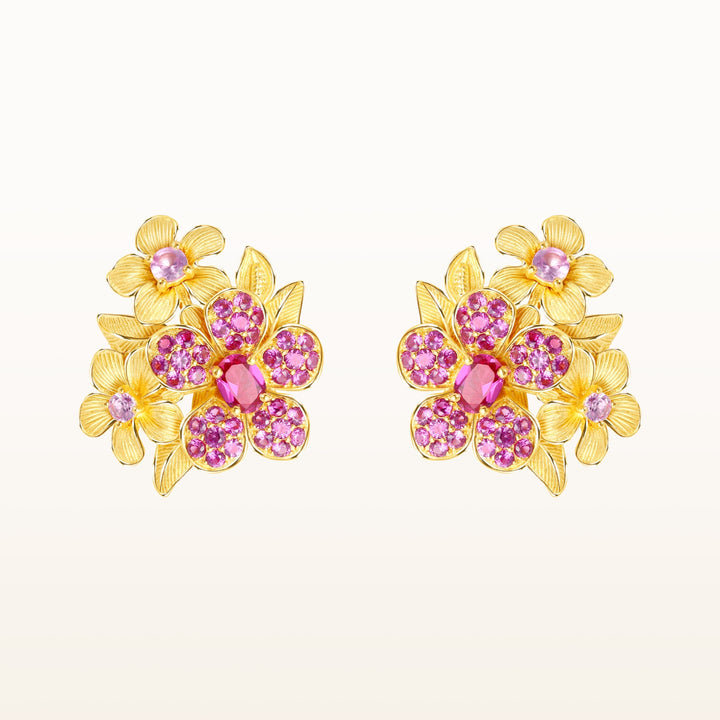 24K Pure Gold with Ruby Stud Earrings : Cherry Blossom Design