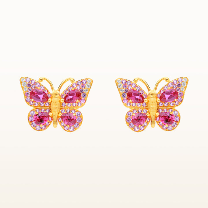 24K Pure Gold with Ruby Stud Earring : Flying Butterfly Design