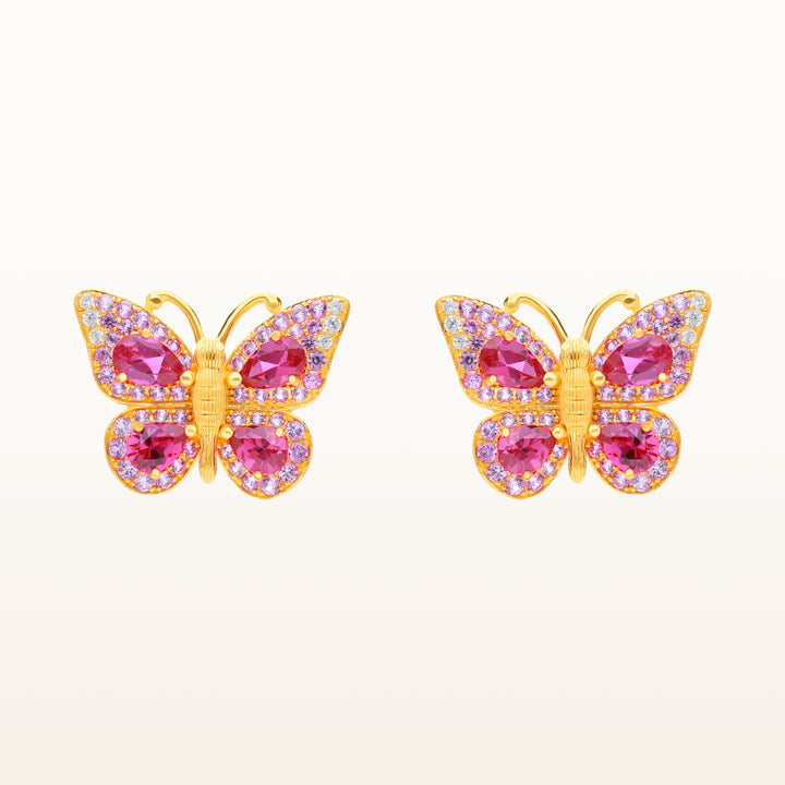 24K Pure Gold with Ruby Stud Earring : Flying Butterfly Design