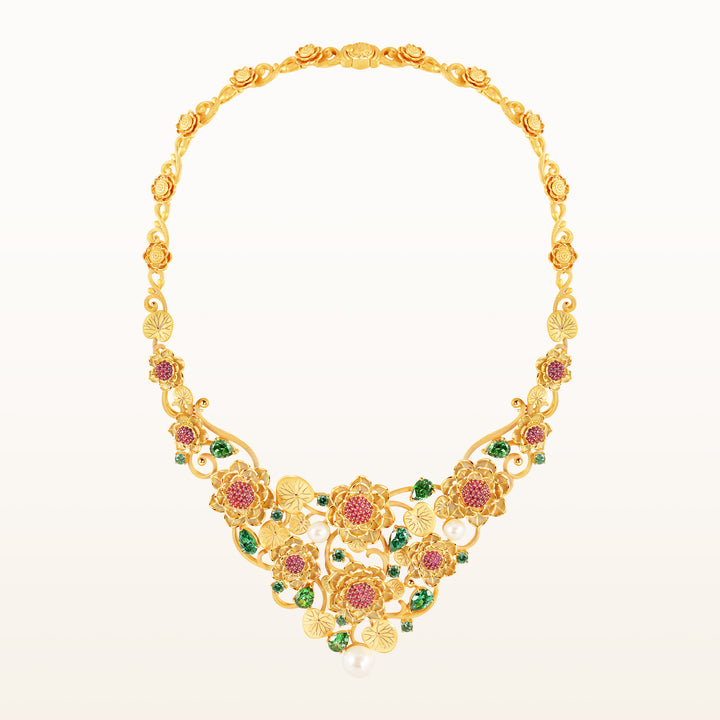 24K Pure Gold with Gemstone Necklace : Lotus Design