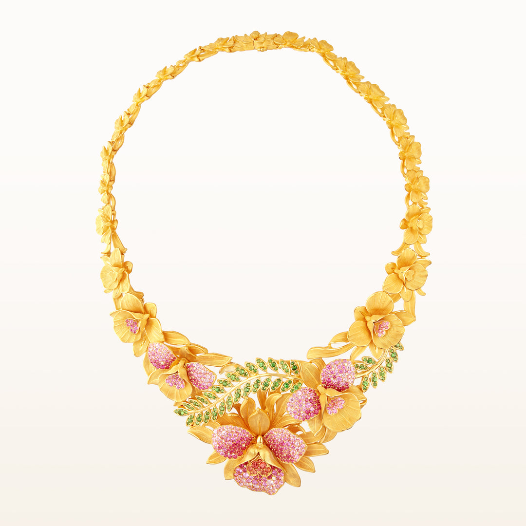 24K Pure Gold with Gemstone Necklace : Cattleya Orchid Design