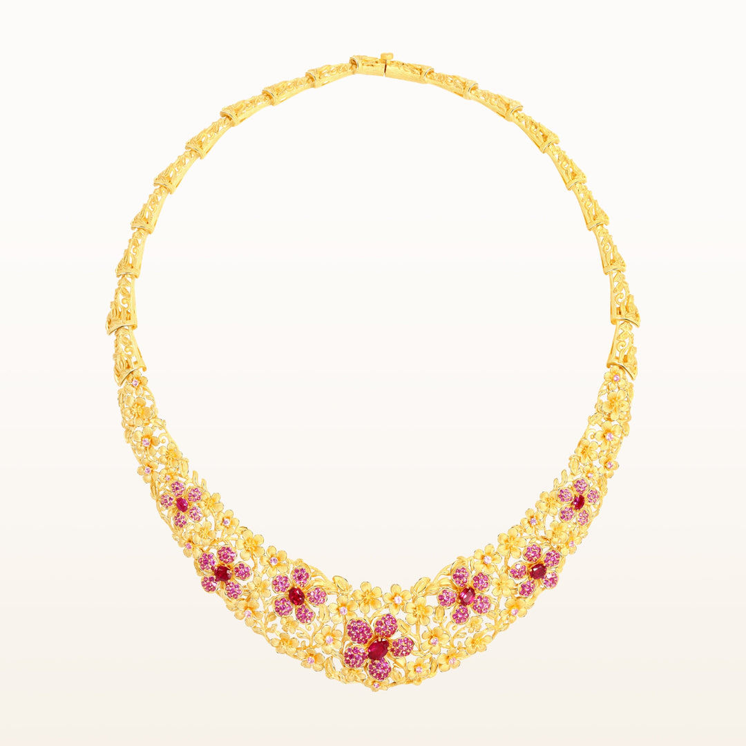 24K Pure Gold with Ruby Necklace: Cherry Blossom Design