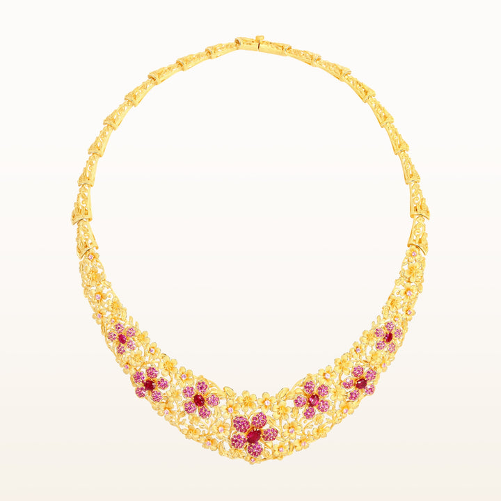 24K Pure Gold with Ruby Necklace: Cherry Blossom Design