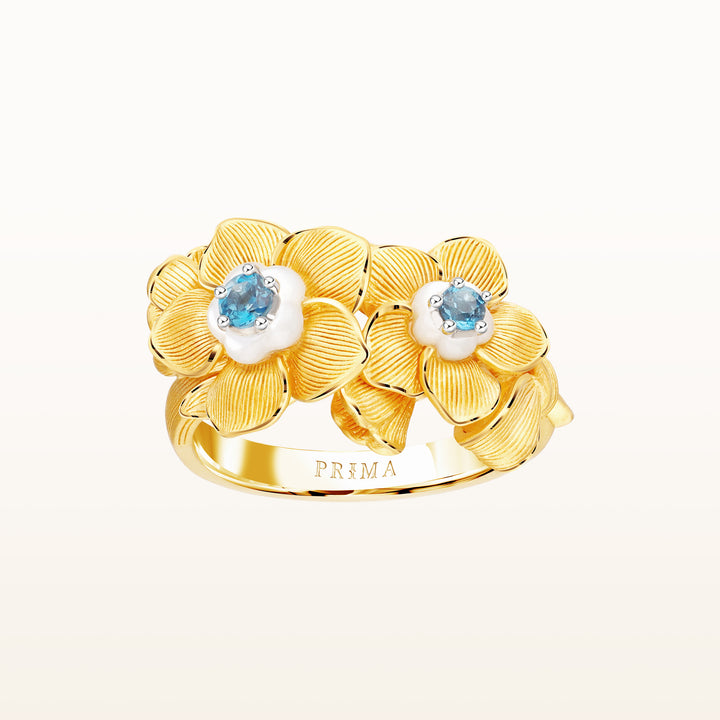 24K Pure Gold with Gemstone Ring : Forget Me Not Flower Design