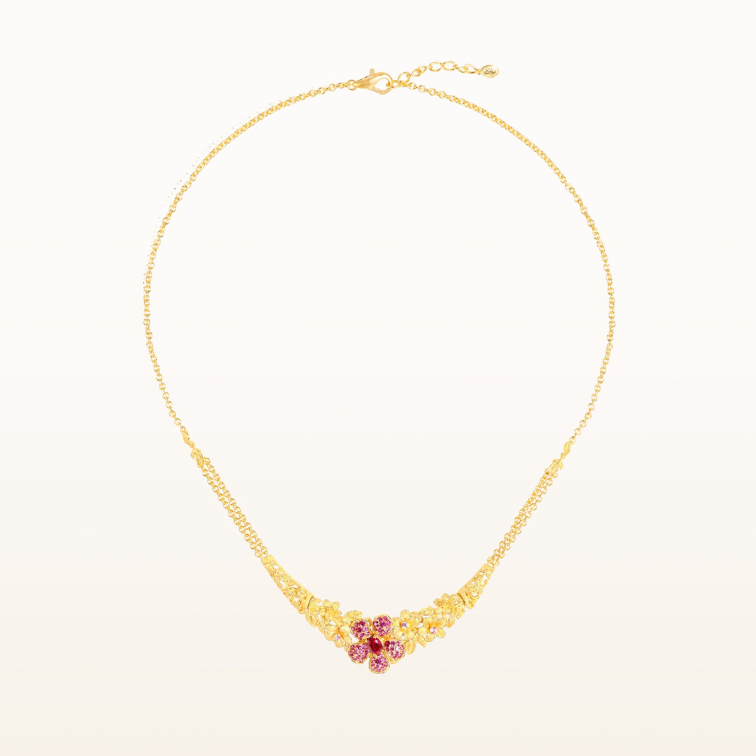 24K Pure Gold with Ruby Necklace : Cherry Blossom Design