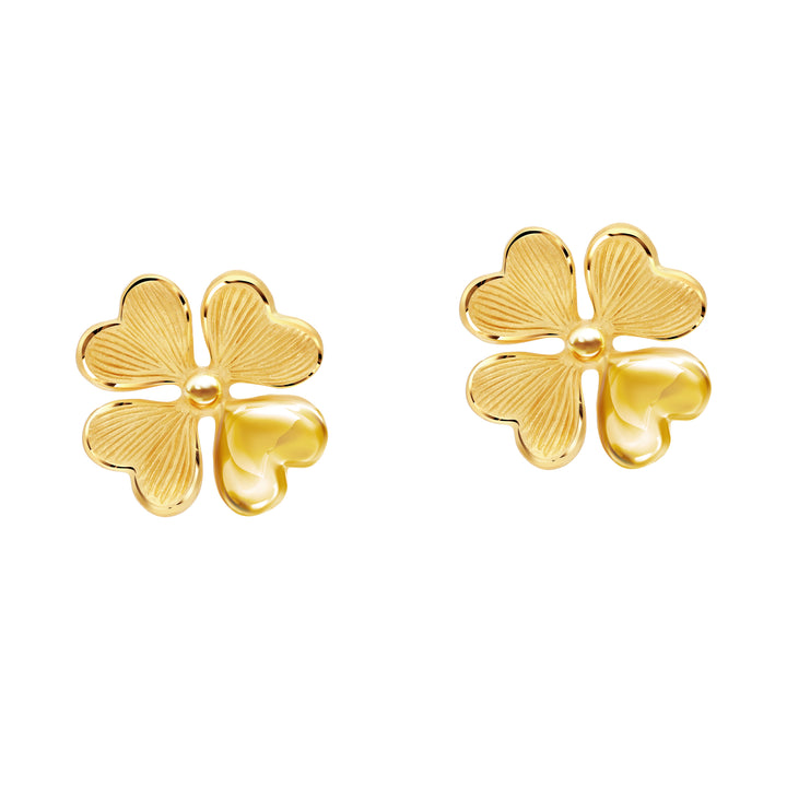 24K Pure Gold Stud Earrings: Lucky Leaf Design