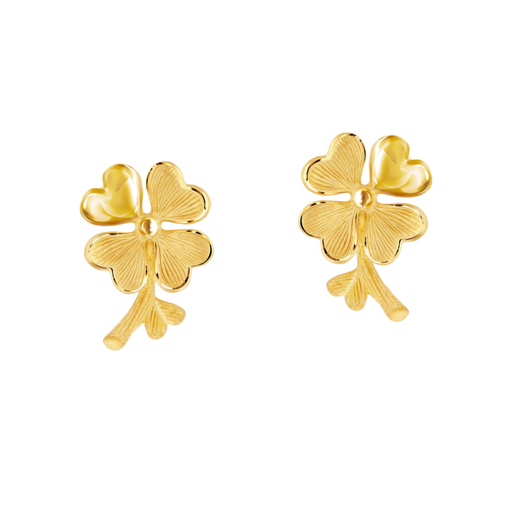 24K Pure Gold Stud Earrings: Lucky Leaf with Stick Design