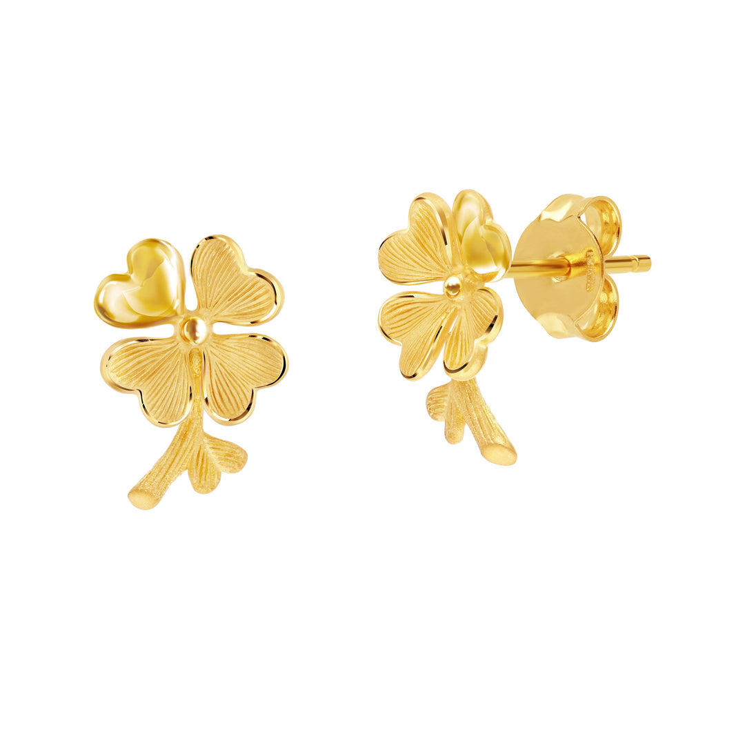 24K Pure Gold Stud Earrings: Lucky Leaf with Stick Design